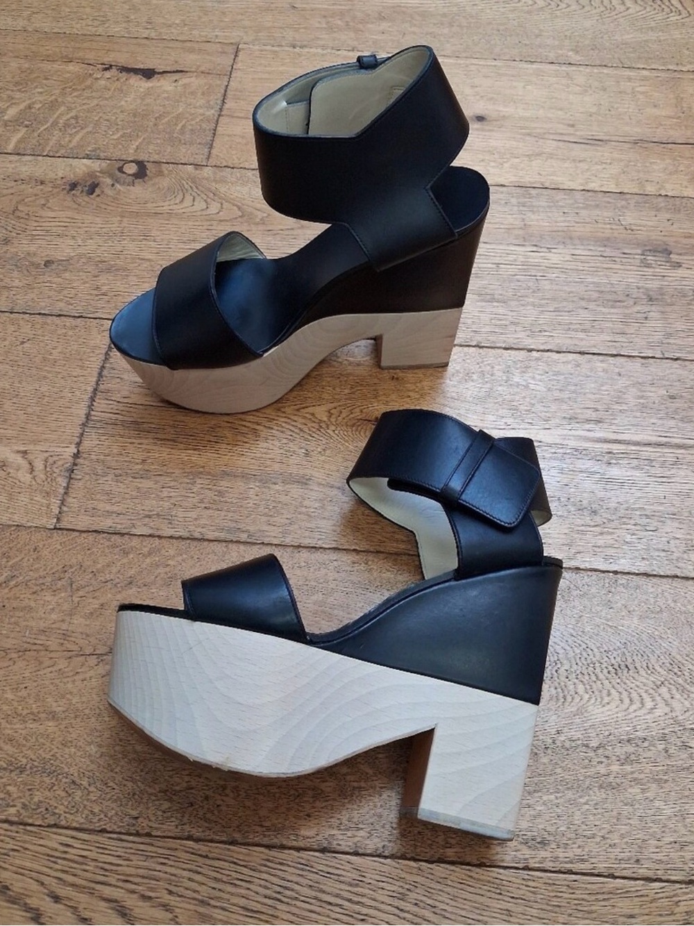 Céline Phoebe Philo Black Leather Wood Platform Sandals 38